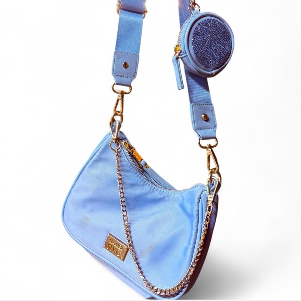 Steve Madden Light Blue Satin Crossbody Bag with Chain Detail
